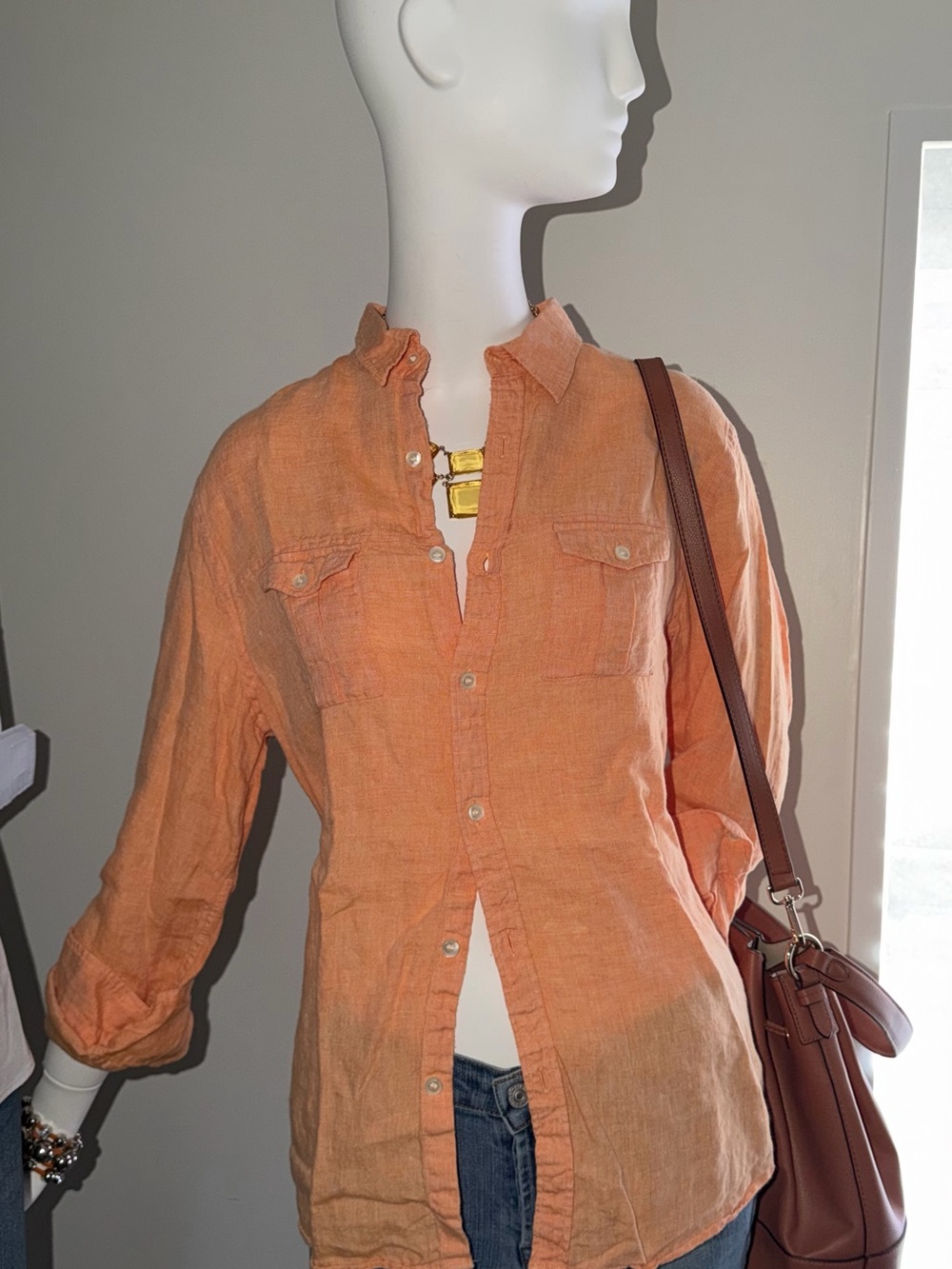 Light Orange Button-Down Shirt - Women's Linen Blend